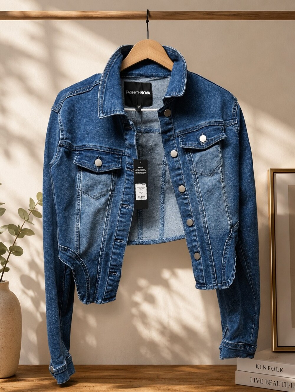 Fashion Nova Maison Stretch Denim Trucker Jacket. Sz. Medium| Dark wash